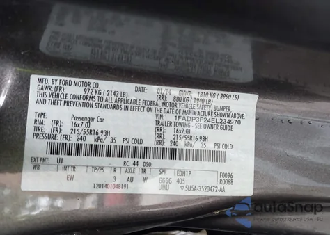 2014 Ford Focus Se z USA, uszkodzony, nr VIN 1FADP3F24EL234970